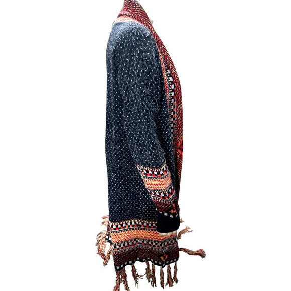 CCC Bohemian Aztec Tribal Print Knit Cardigan Fringe Multicolor Pattern Sweater - Picture 7 of 12